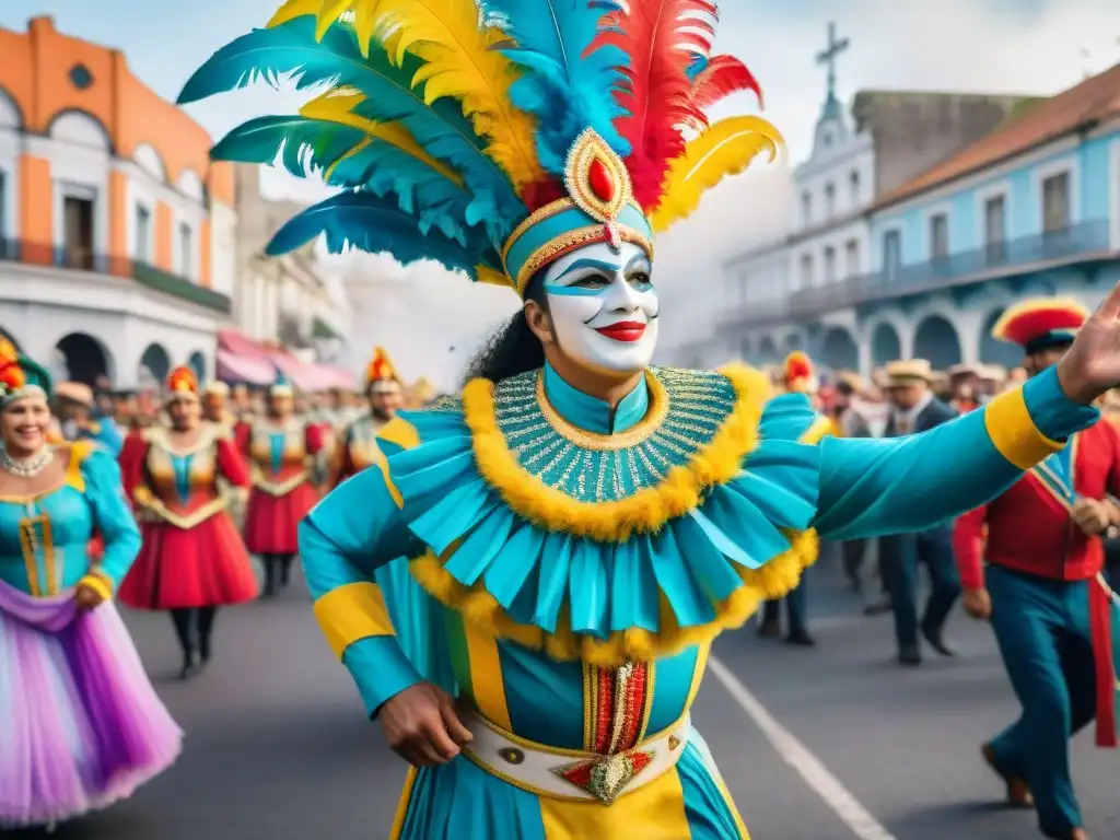 Una pintura acuarela vibrante que muestra un desfile de carnaval colorido y animado en Uruguay, destacando la historia digital Carnaval Uruguayo