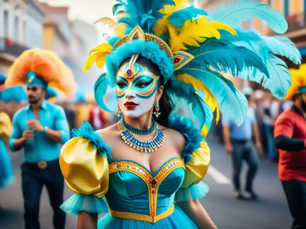 Una pintura acuarela que muestra un vibrante desfile durante el Carnaval Uruguayo