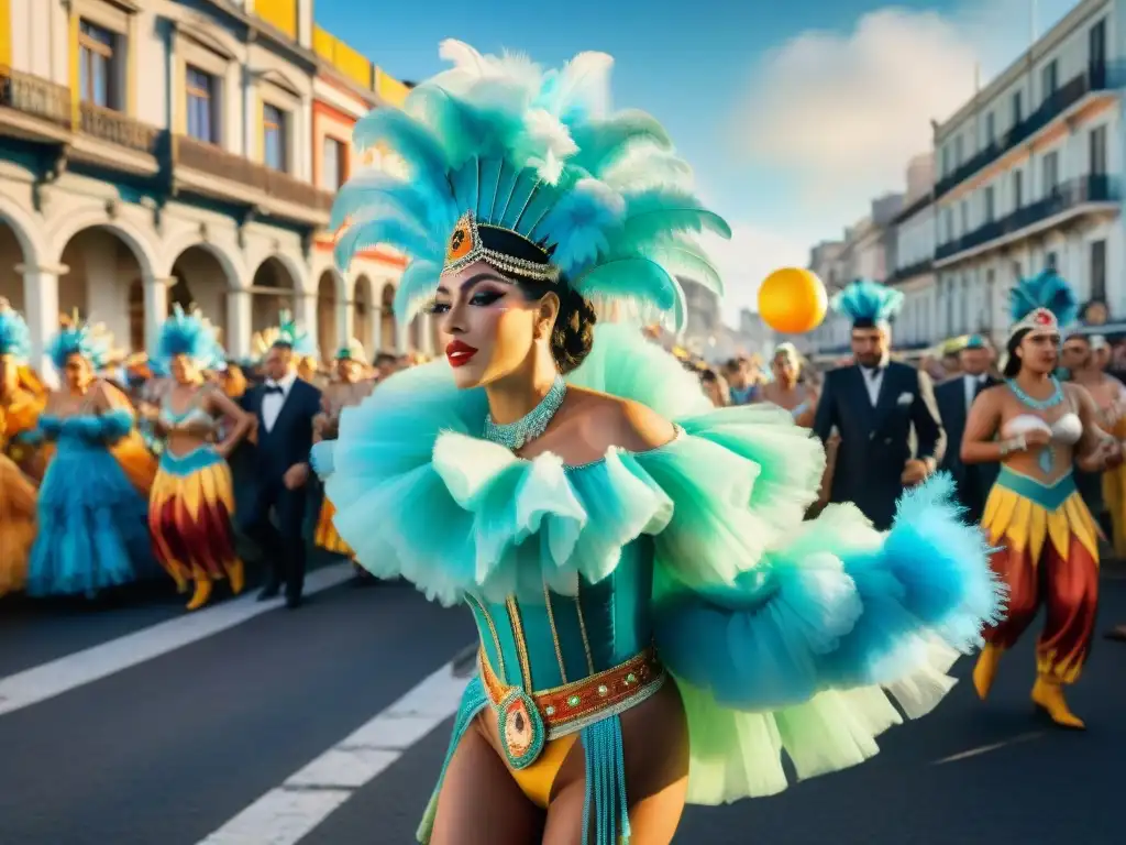 Una pintura acuarela detalla el vibrante desfile de Carnaval en Uruguay durante la evolución celebraciones Carnaval Uruguay