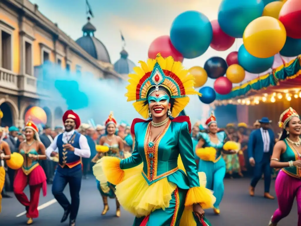 Una pintura acuarela vibrante que captura la felicidad del Carnaval con desfiles coloridos, bailarines exuberantes y músicos