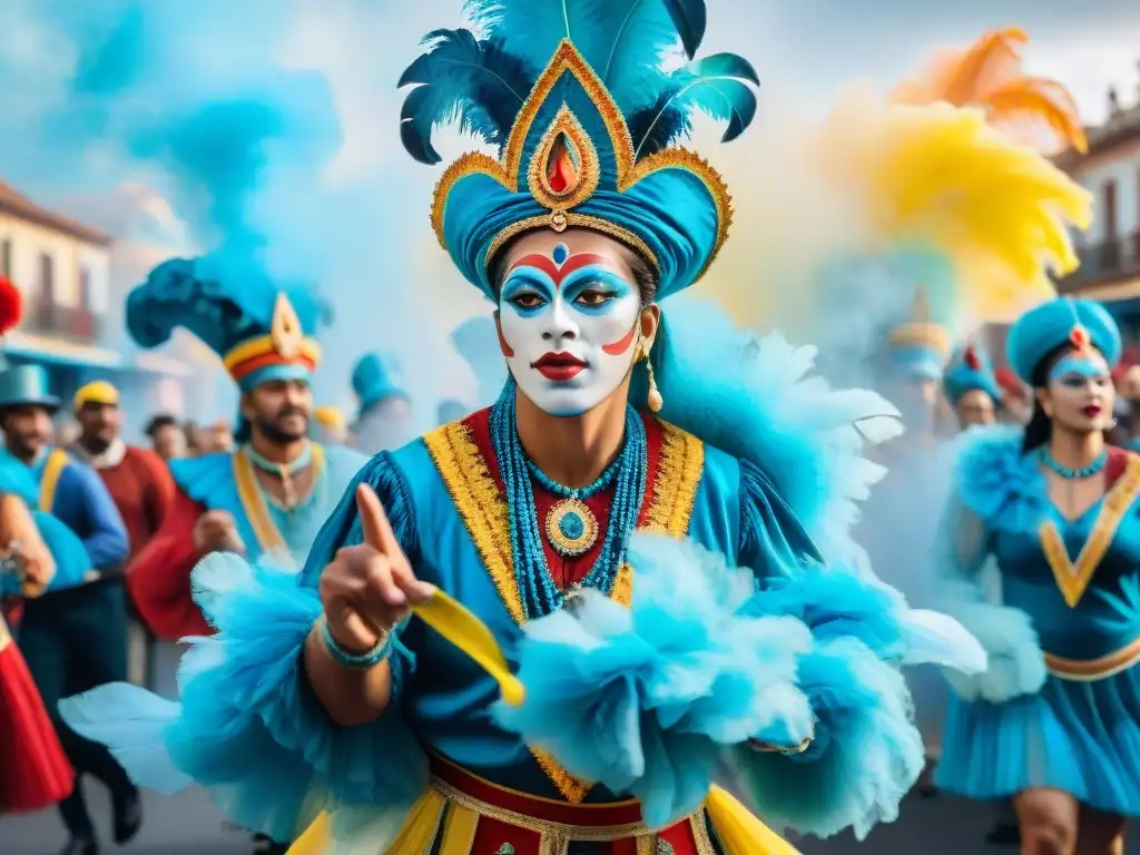 Una pintura acuarela vibrante que captura visualmente la música del Carnaval Uruguayo con deslumbrantes colores y movimientos festivos