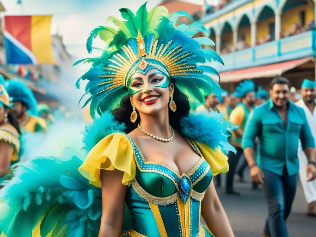 Una pintura al agua detallada que muestra una escena vibrante y dinámica del Carnaval Uruguayo, utilizando tecnologías fotográficas