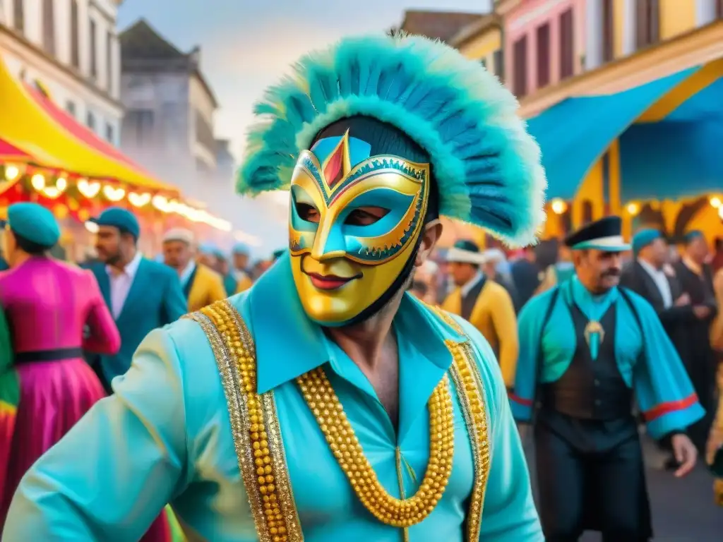 Pintura acuarela de calle en Carnaval en Uruguay con trajes tradicionales y coloridos