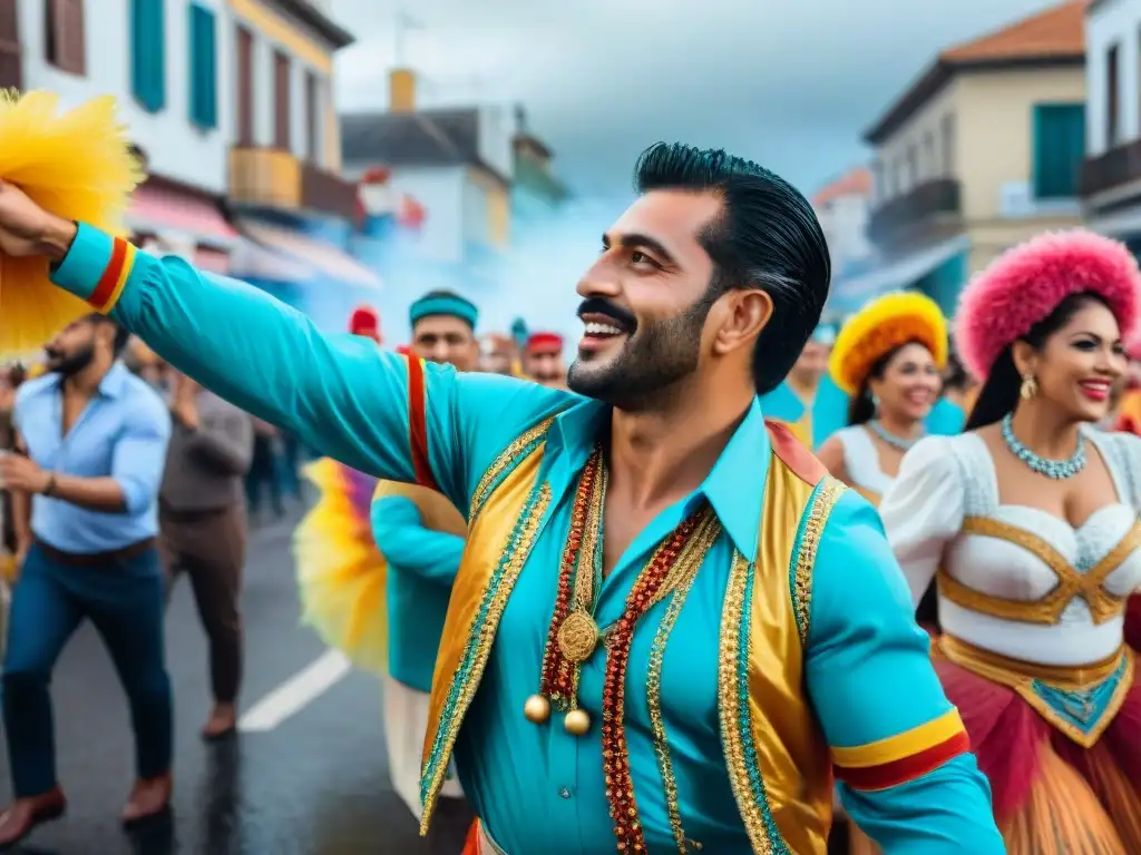 Pintura acuarela de Carnaval inclusivo en Uruguay con desfile vibrante y colorido