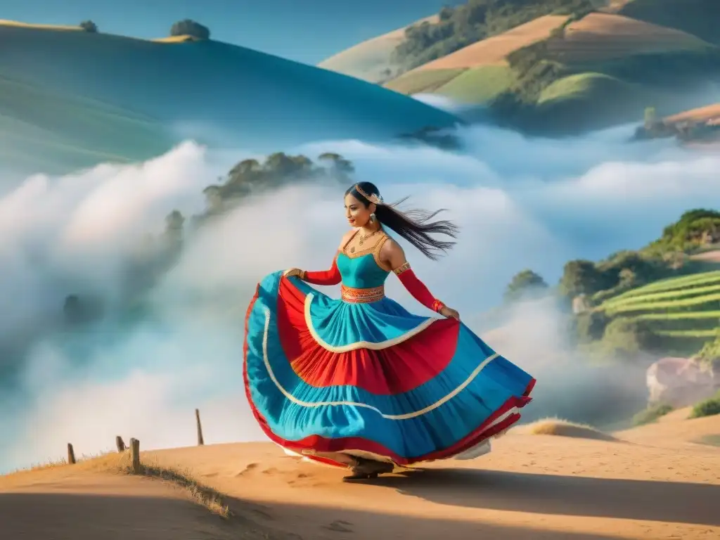 Pintura acuarela de danza y música uruguaya integradas, con bailarines y músicos en trajes coloridos y paisaje festivo