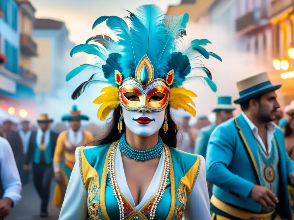 Pintura acuarela de desfile vibrante en Carnaval Uruguayo con trajes elaborados por diseñadores emergentes