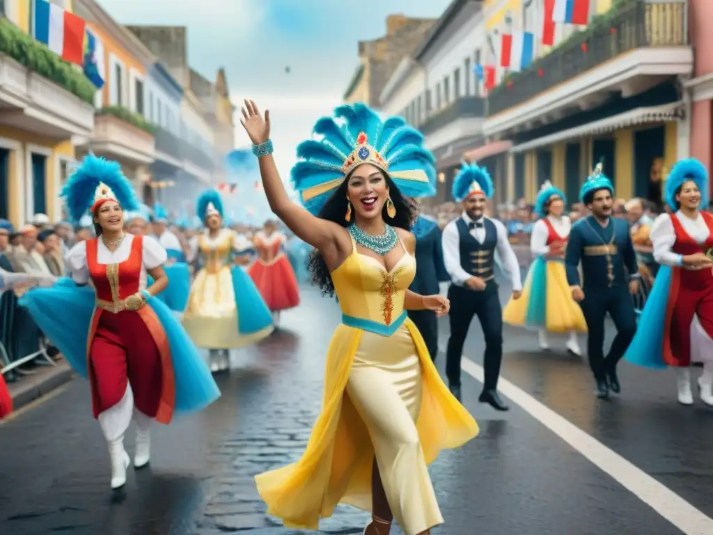 Una pintura detallada en acuarela de una animada escena callejera de Carnaval tradicional uruguayo, con coloridos trajes, música alegre y bailarines felices desfilando por calles empedradas