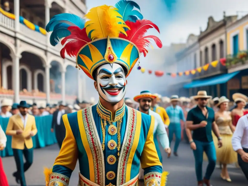 Una pintura detallada en acuarela de un bullicioso desfile de Carnaval en Uruguay