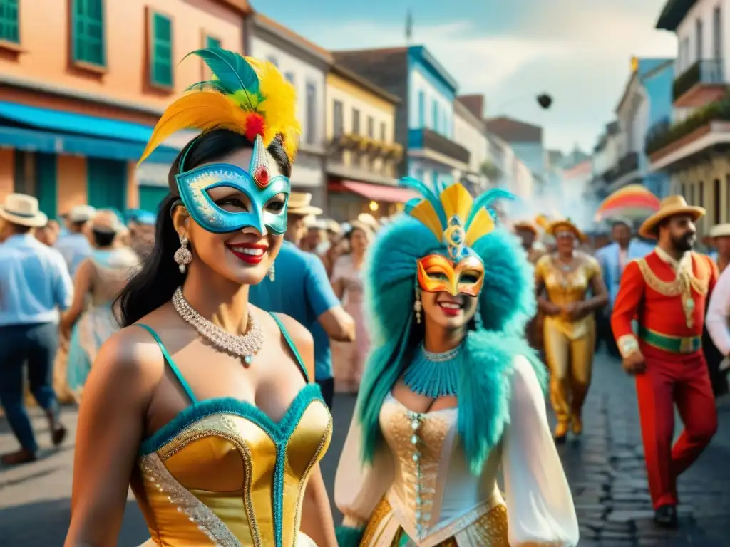 Una pintura detallada en acuarela del bullicioso Carnaval en Uruguay, con colores vibrantes y revisteros antiguos