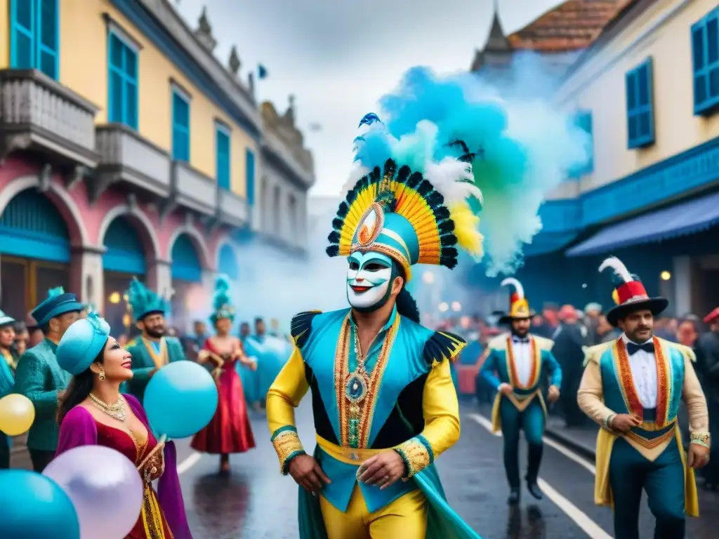 Una pintura detallada en acuarela de un bullicioso desfile de Carnaval en Uruguay, con músicos, bailarines y coloridas carrozas