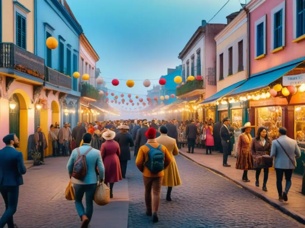 Pintura detallada acuarela de calle uruguaya al atardecer, con preparativos Carnaval Uruguayo noche