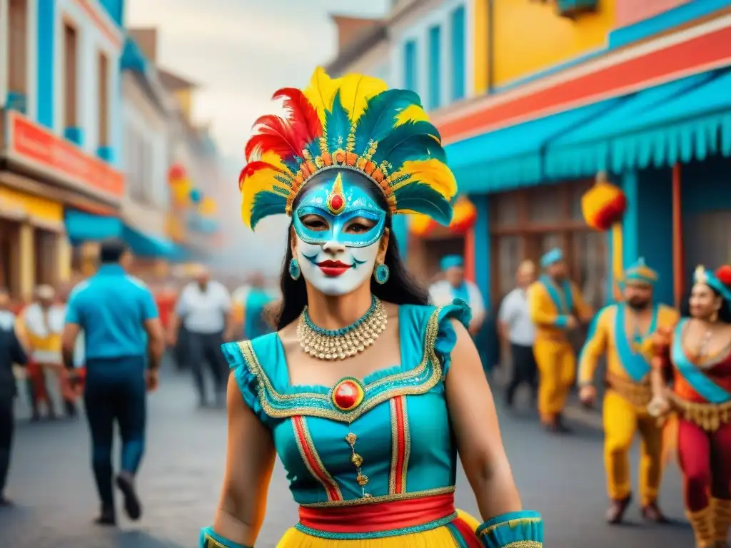 Pintura detallada en acuarela del Carnaval Uruguayo, arte urbano vibrante y colorido