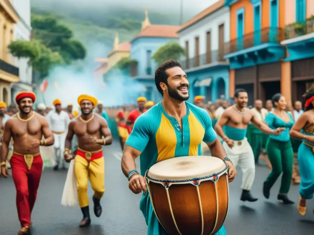 Pintura detallada en acuarela: desfile callejero vibrante en Uruguay con Candombe