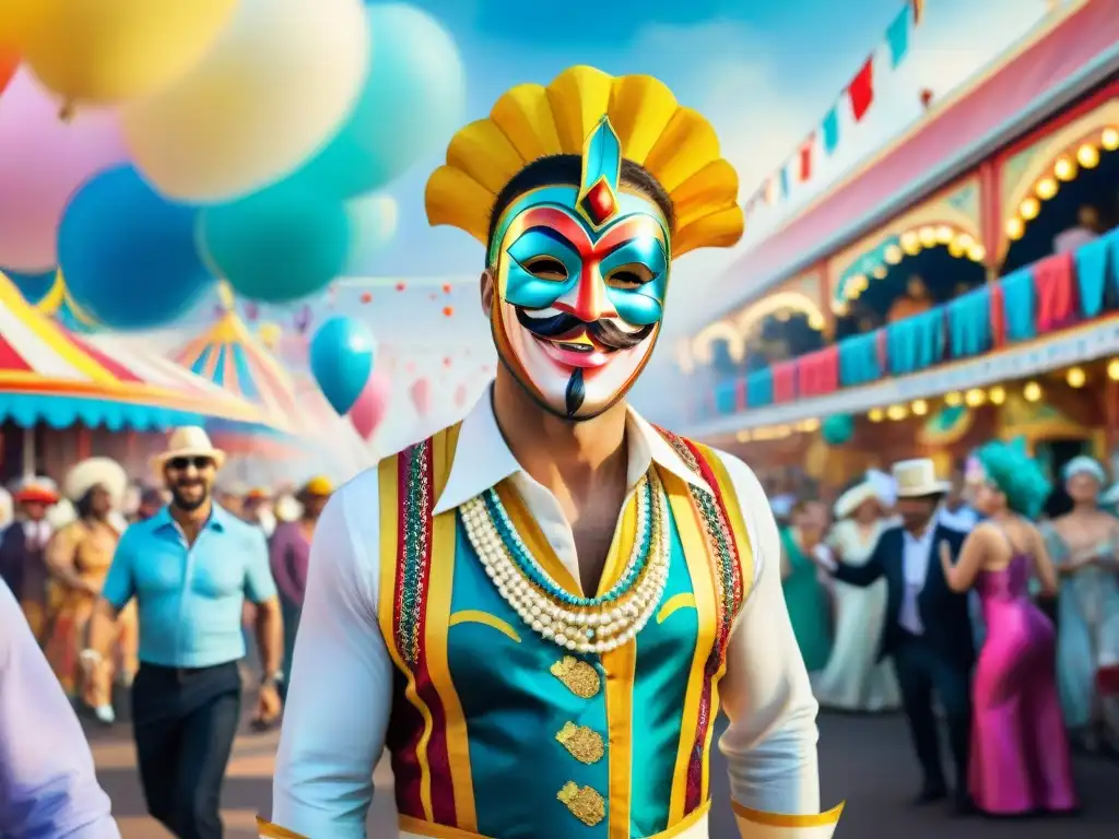 Una pintura detallada en acuarela que muestra la felicidad del Carnaval con colores vibrantes y celebración contagiosa