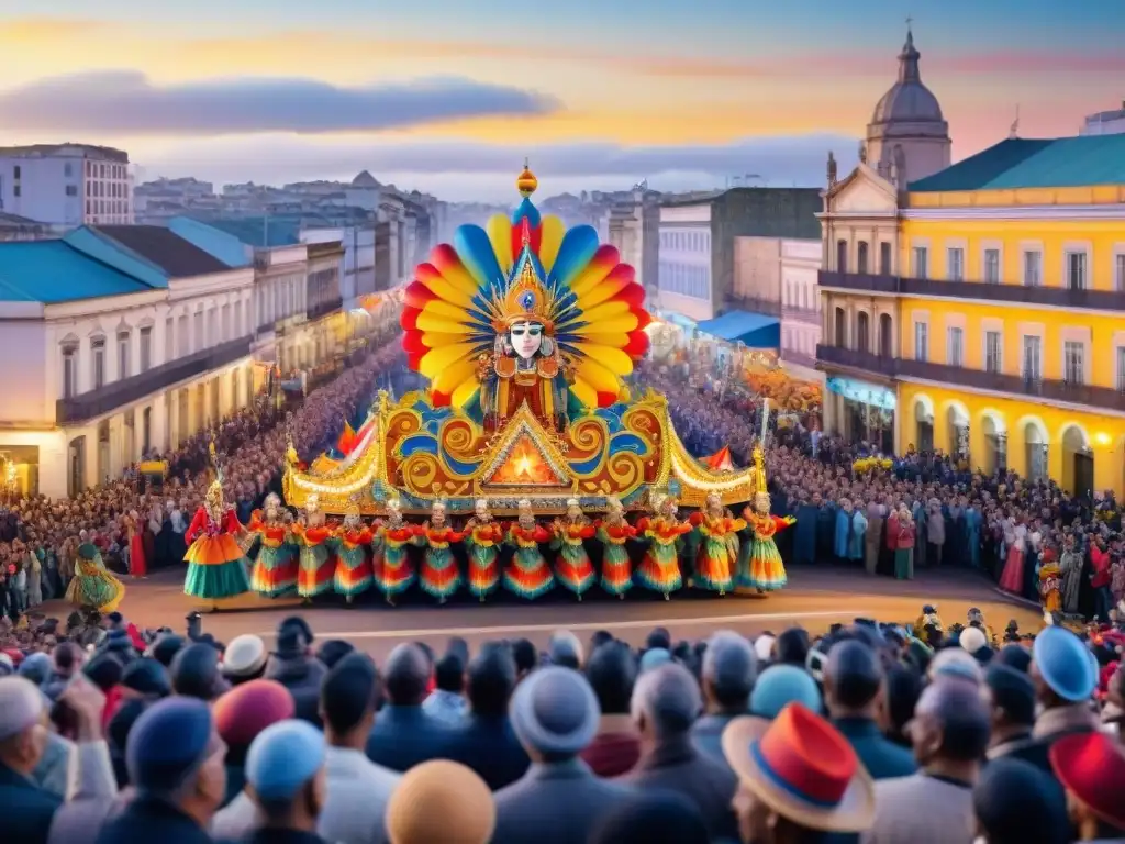 Una pintura detallada en acuarela que captura la magia del Carnaval en Montevideo, con colores vibrantes y energía festiva