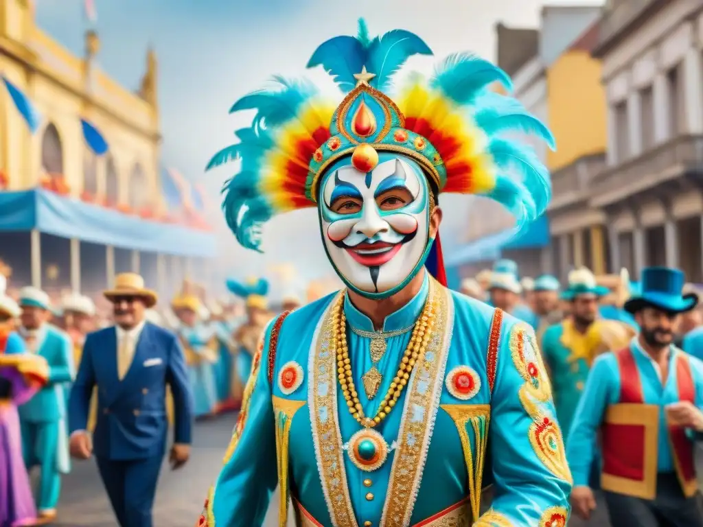 Una pintura detallada en acuarela que muestra un vibrante desfile del histórico Carnaval Uruguayo