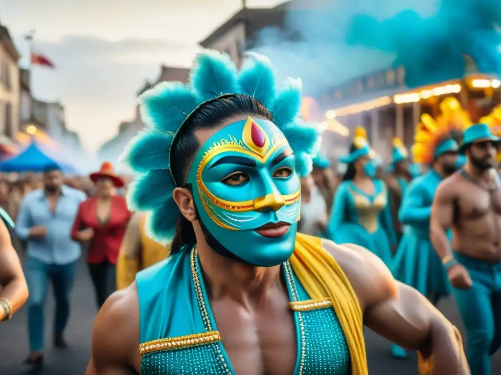 Una pintura detallada en acuarela 8k del vibrante desfile de Carnaval en Uruguay, con trajes coloridos y músicos en las calles