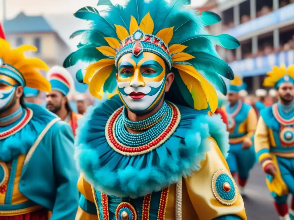 Una pintura detallada en acuarela del vibrante Carnaval Uruguayo, con deslumbrantes desfiles y festiva atmósfera