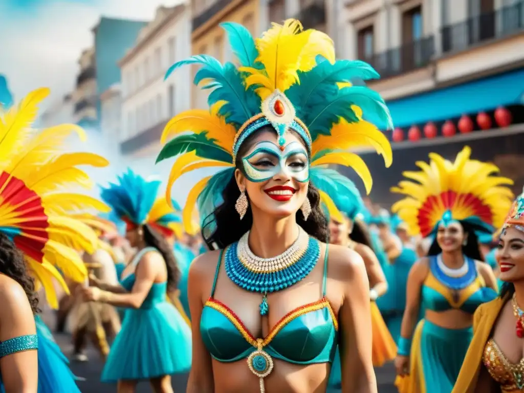 Una pintura detallada en acuarela del vibrante y colorido Carnaval uruguayo, con trajes elaborados y música alegre