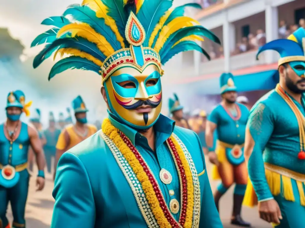 Una pintura detallada en acuarela del vibrante Carnaval Uruguayo, con jóvenes diseñadores y revolucionarios diseños de vestuario