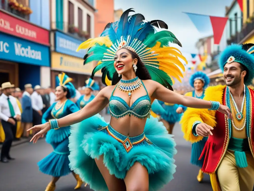 Una pintura detallada en acuarela de vibrantes bailarines de carnaval en trajes tradicionales uruguayos, capturando la energía del Carnaval Uruguayo