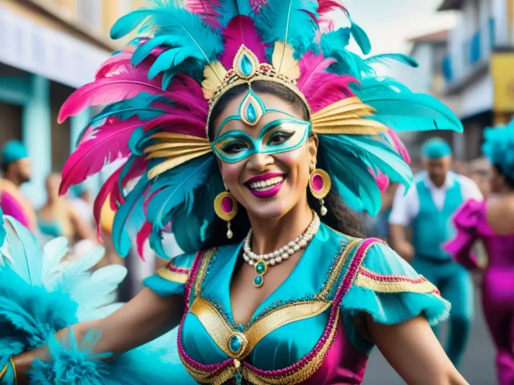 Una pintura detallada en acuarela que captura las vibrantes emociones en el Carnaval Uruguayo, con colores brillantes y expresiones emotivas