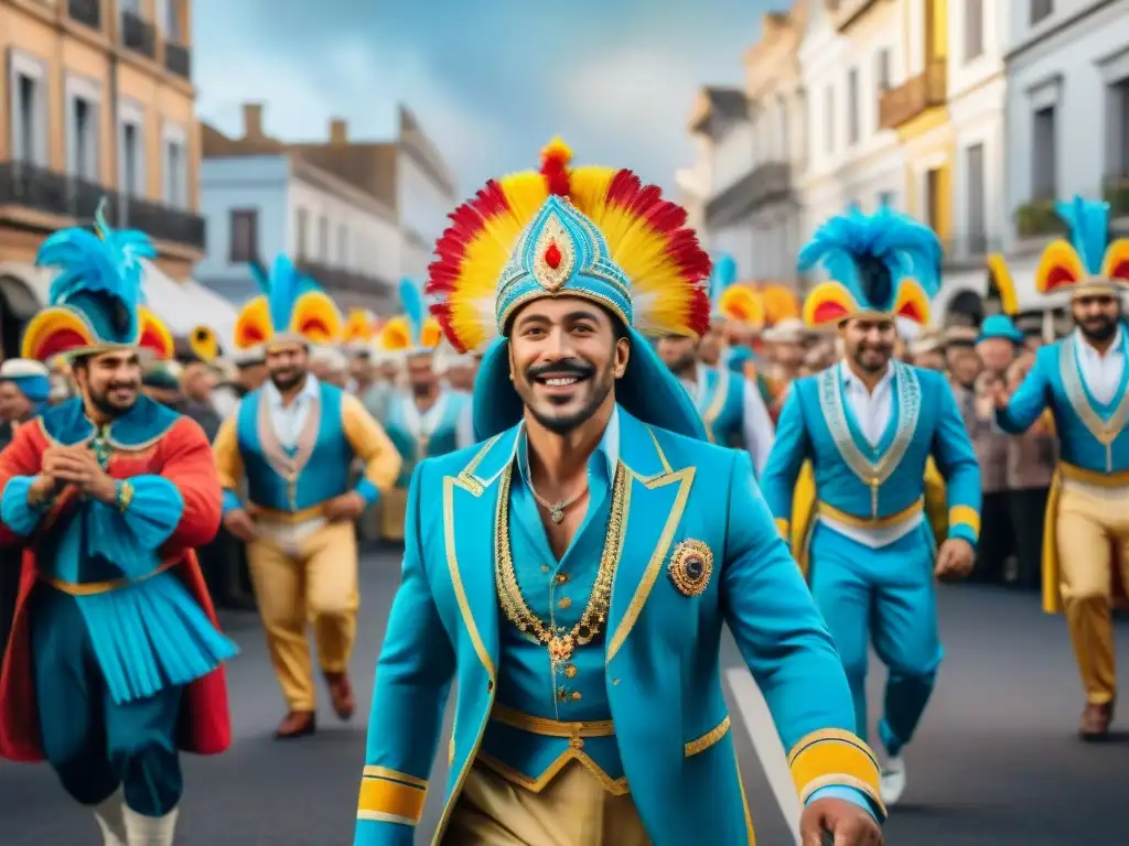 Pintura detallada de un alegre desfile de Carnaval en Uruguay, con carros alegóricos, trajes coloridos y espectadores emocionados en las calles