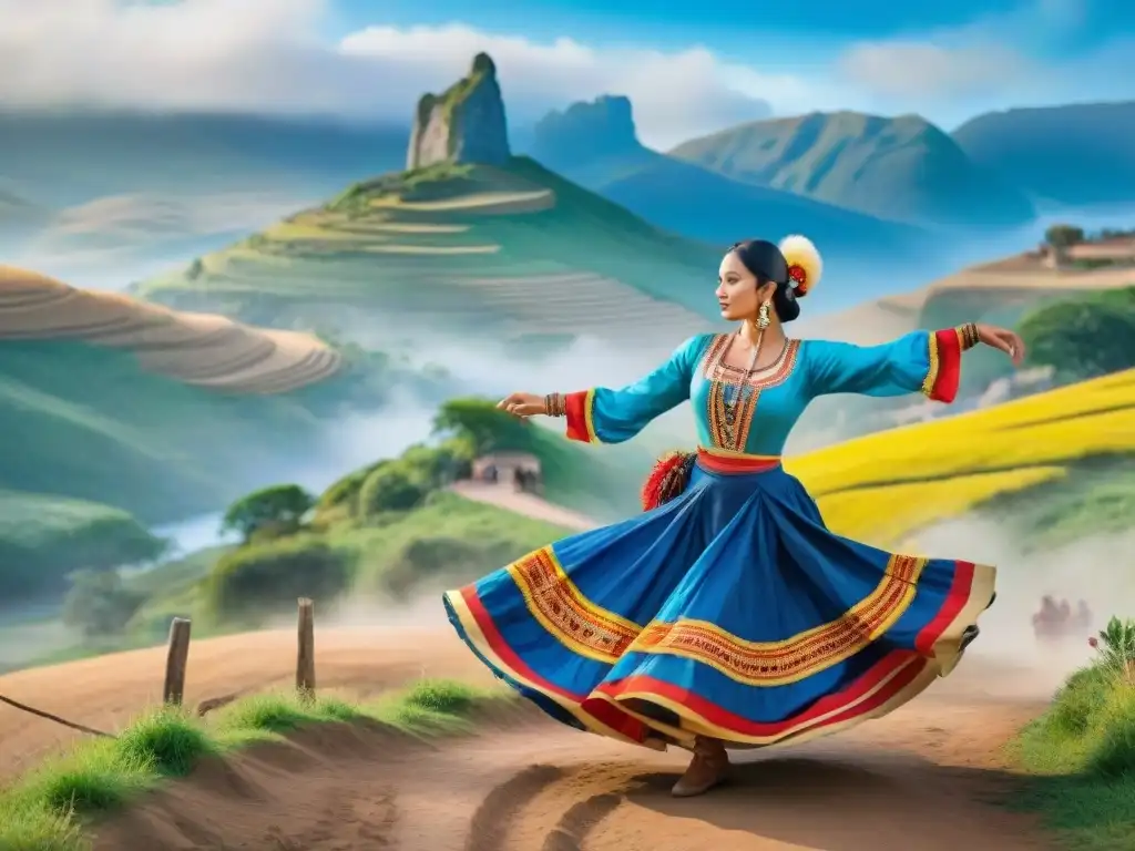 Una pintura detallada de una animada escena de danza y música uruguaya integradas en un paisaje pintoresco