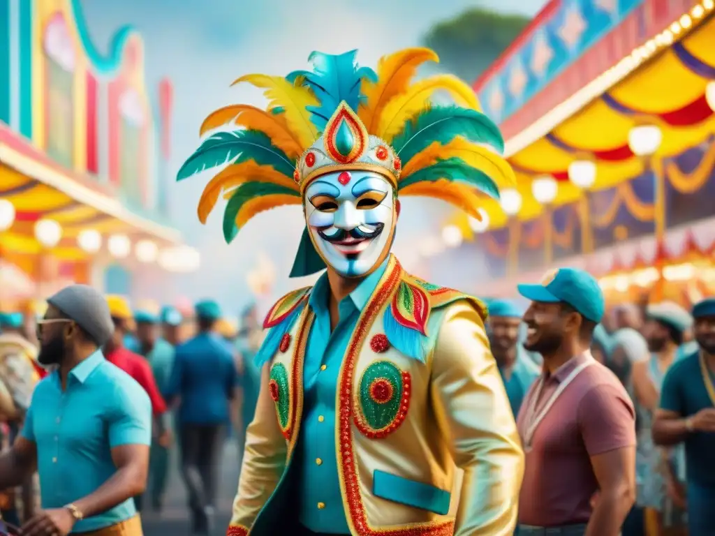 Pintura detallada: Carnaval vibrante fusiona tradición y tecnología Una pintura detallada de un animado desfile de Carnaval fusionando elementos tradicionales con tecnología moderna
