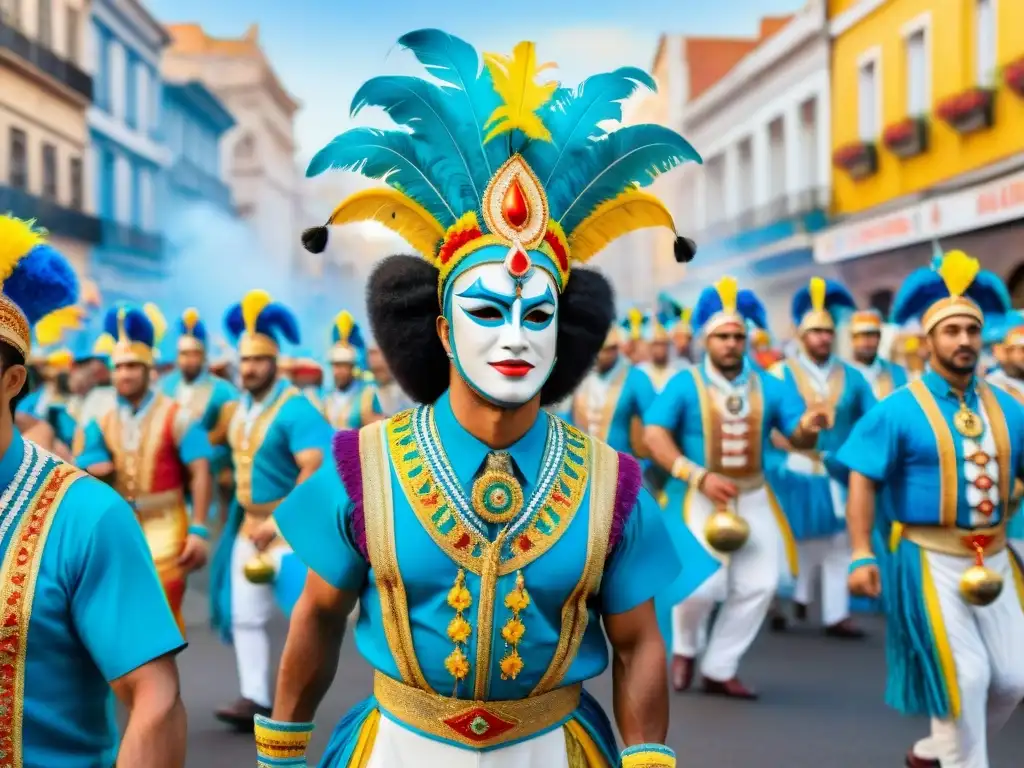 Pintura detallada de un animado desfile con adaptaciones únicas del Carnaval Uruguayo en una ciudad extranjera