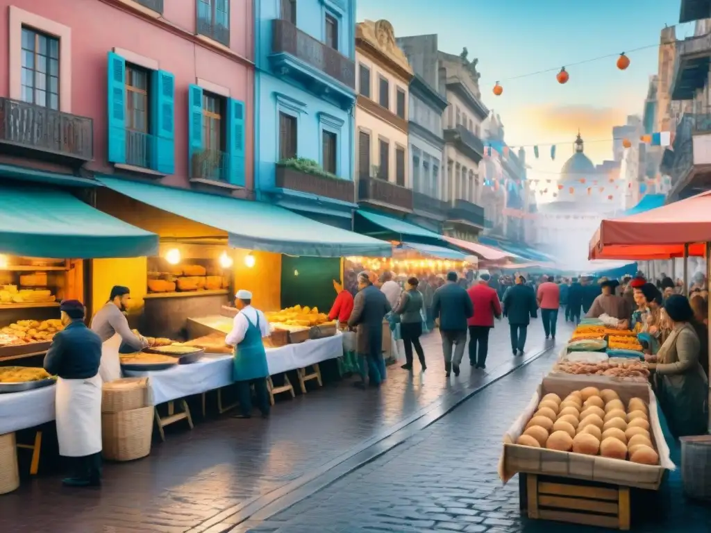 Pintura detallada de una bulliciosa calle en Montevideo durante el Carnaval, con puestos de comida coloridos y deliciosos platos uruguayos