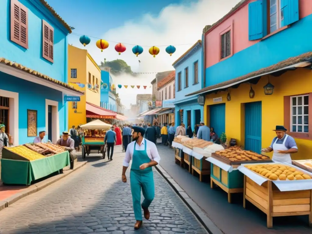 Pintura detallada de la bulliciosa gastronomía del Carnaval Uruguayo: coloridos puestos de comida, vendedores y aromas festivos