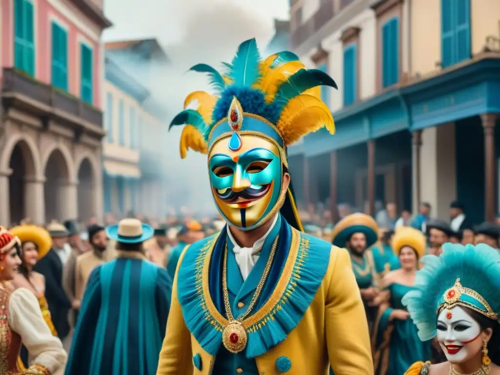 Pintura acuarela detallada de un bullicioso carnaval en Uruguay, mostrando los Orígenes secretos del Carnaval Uruguayo