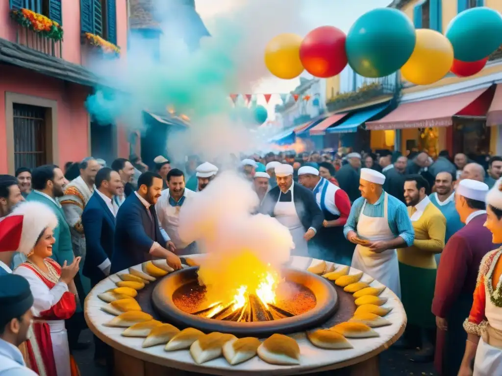 Pintura detallada de un bullicioso carnaval uruguayo con chefs preparando recetas tradicionales