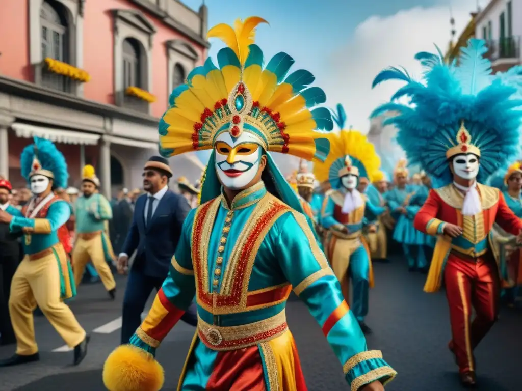 Una pintura acuarela detallada del bullicioso Carnaval en Uruguay, con deslumbrantes atuendos, música alegre y críticas subyacentes