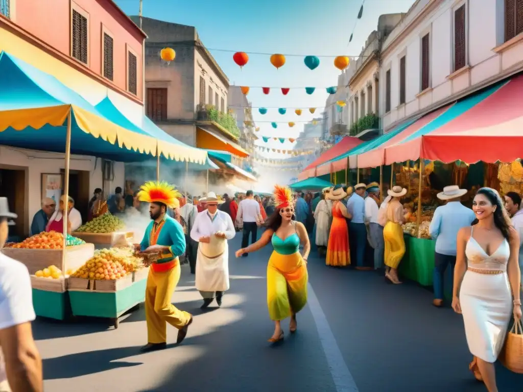 Pintura detallada de un bullicioso mercado callejero en Montevideo durante el Carnaval