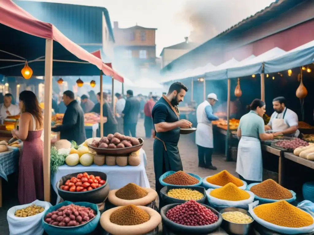 Pintura detallada de un bullicioso mercado gastronómico en Uruguay durante el Carnaval