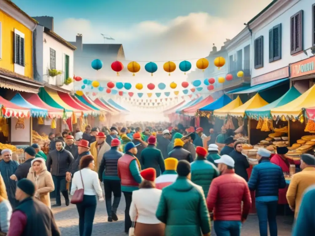 Pintura detallada de una calle bulliciosa en Uruguay durante el Carnaval, con empredimientos gastronómicos y ambiente festivo