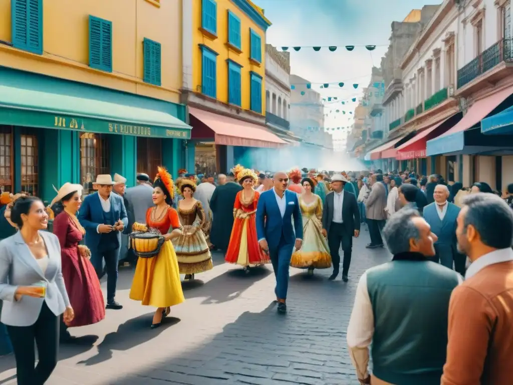 Pintura detallada de una calle bulliciosa en Montevideo durante el carnaval, con colores vibrantes y vendedores de alfajores