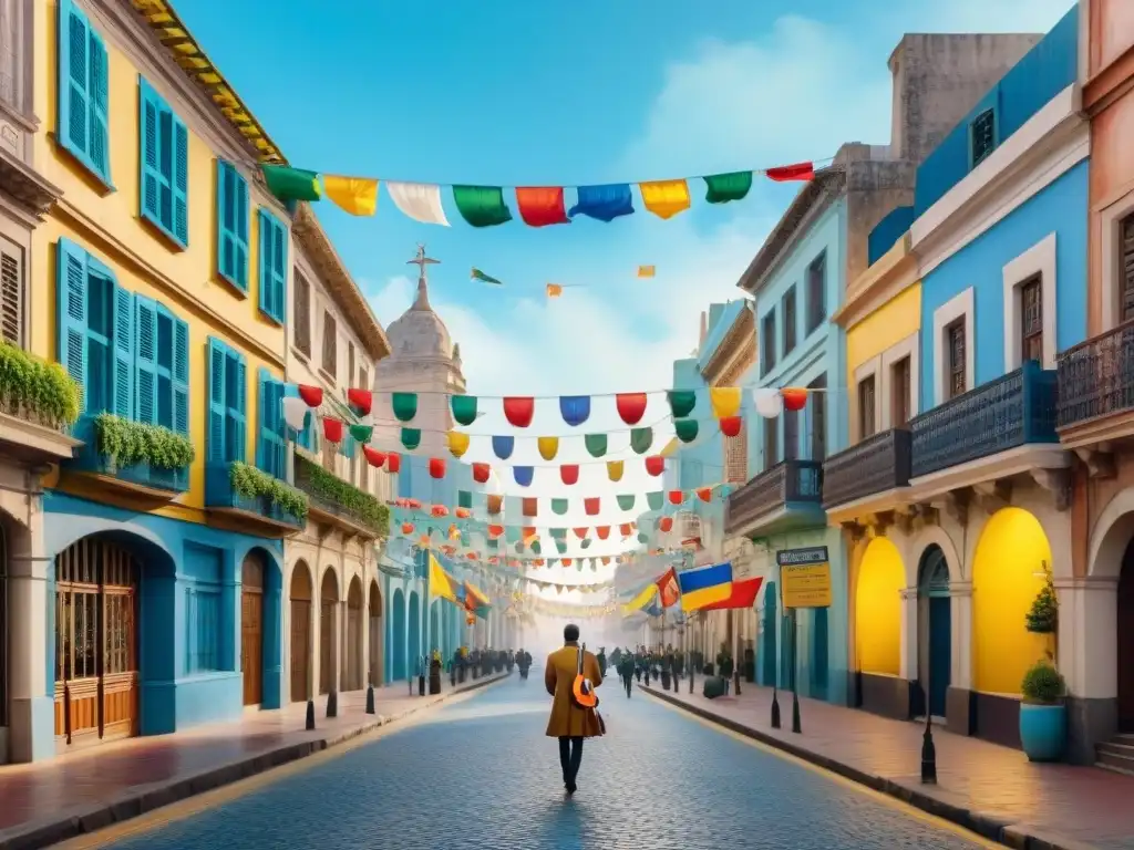 Pintura detallada de una calle serena en Montevideo, Uruguay, decorada con banderas coloridas ondeando suavemente