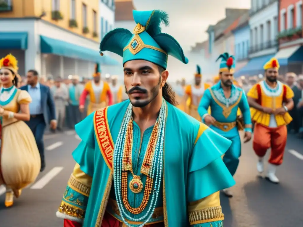 Pintura detallada del Carnaval en Uruguay por Serafín García, con colores vibrantes y energía festiva