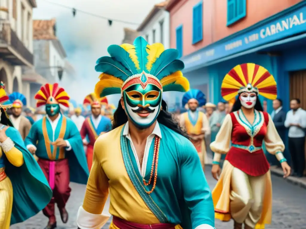 Pintura detallada de Carnaval en Uruguay: coloridos trajes, máscaras e influencia cultural Carnaval Uruguayo