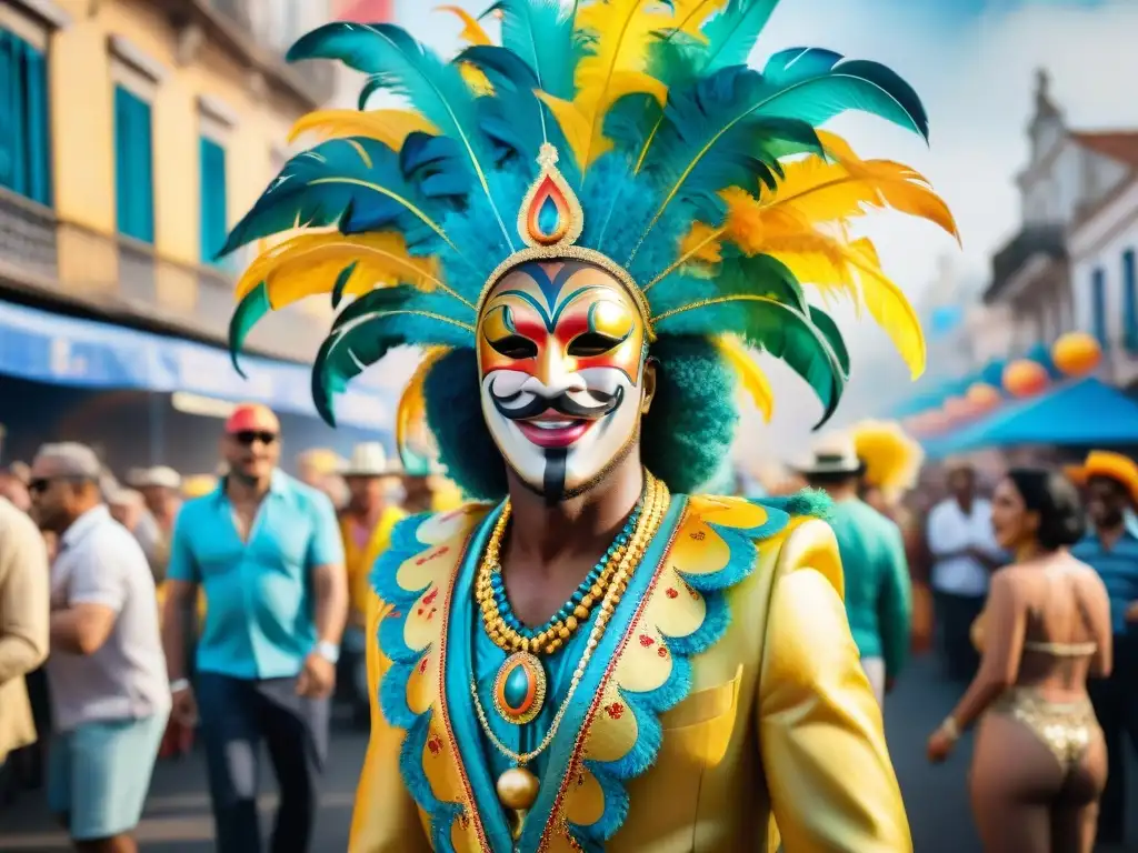 Pintura detallada de Carnaval en Uruguay con comparsas coloridas y espectadores emocionados