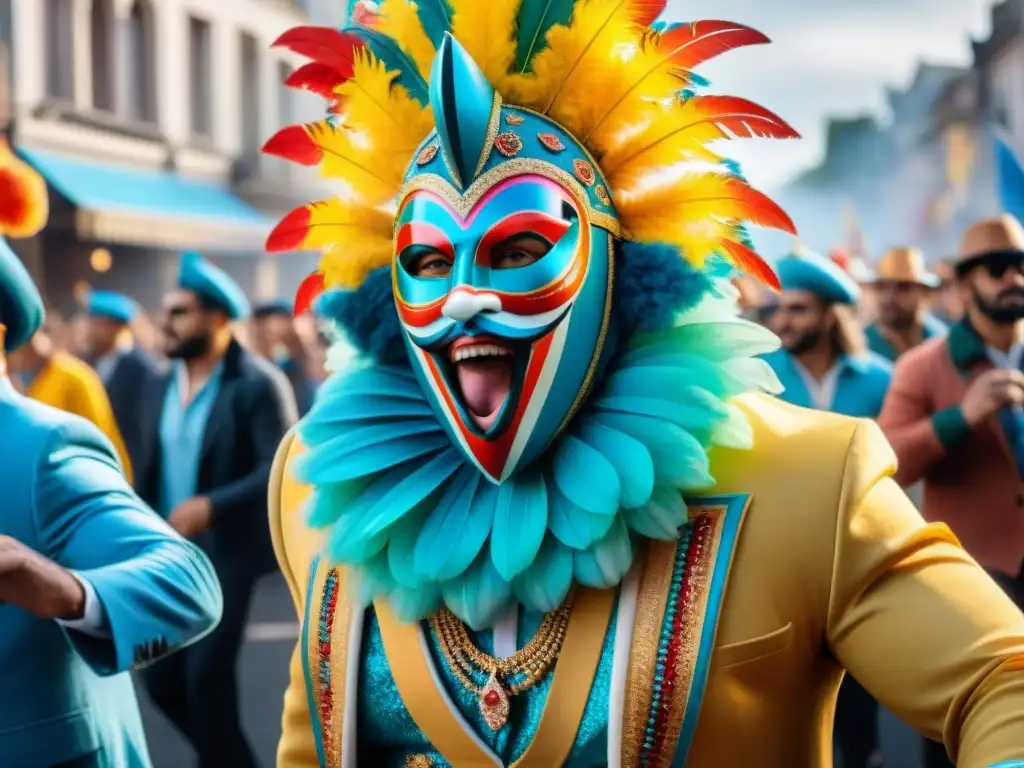 Pintura detallada de Carnaval en Uruguay con desfiles vibrantes, trajes coloridos y energéticos artistas