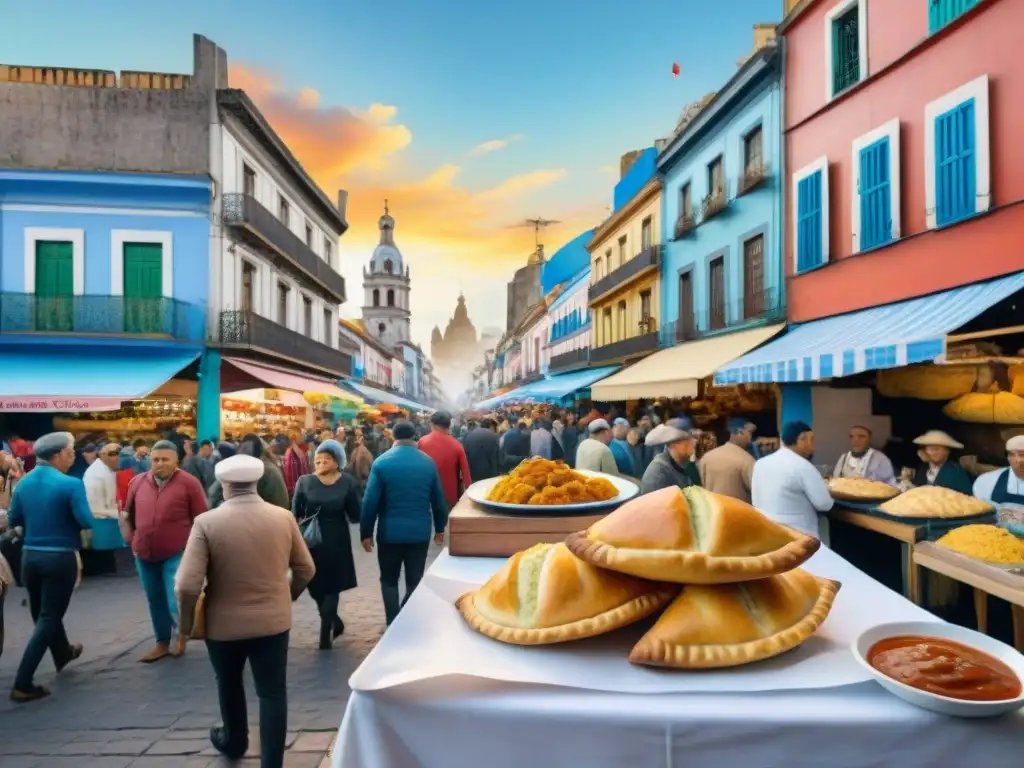 Una pintura acuarela detallada del Carnaval de Uruguay con diversidad cultural y comida típica como asado y chivito