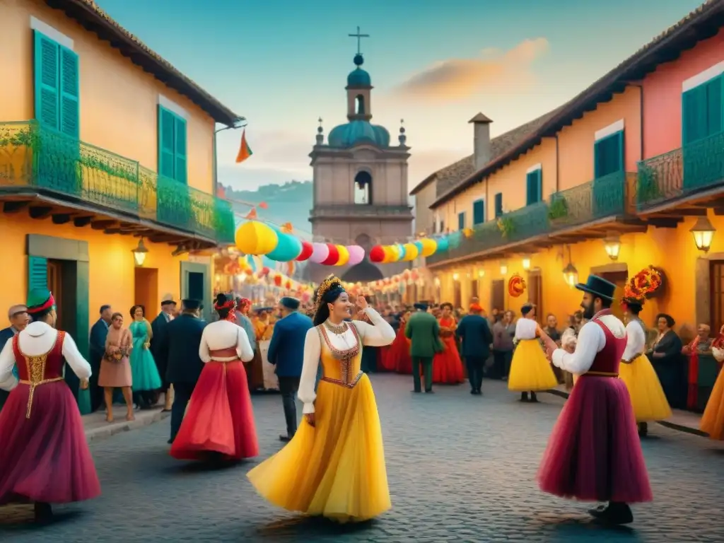 Una pintura acuarela detallada del Carnaval en una plaza española, con colores vibrantes y tradiciones