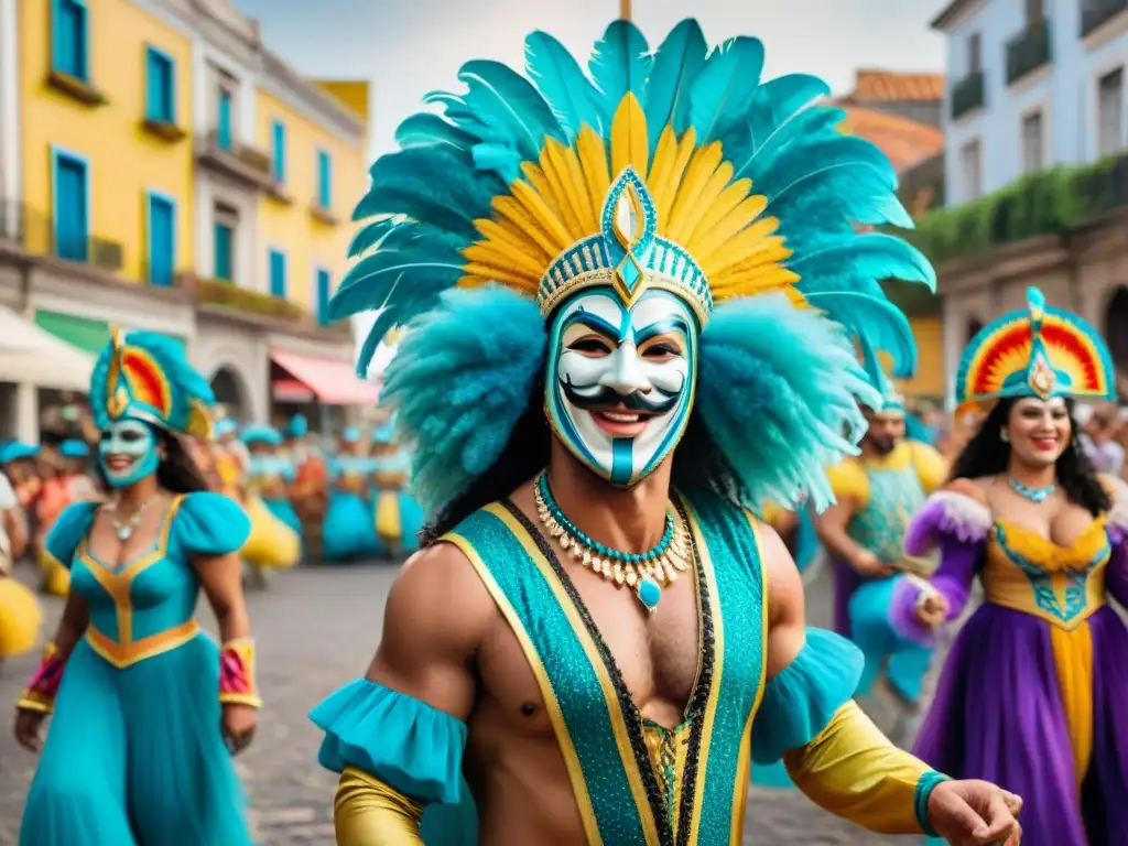 Una pintura detallada de Carnaval en Uruguay con trajes coloridos, máscaras e instrumentos musicales