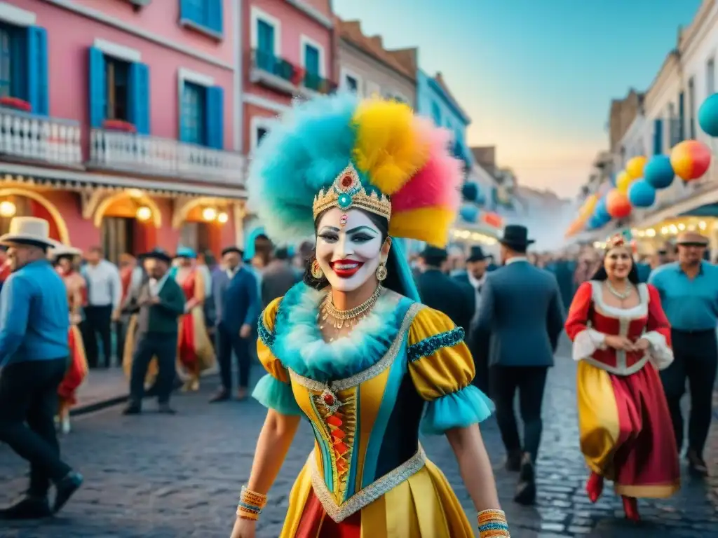 Una pintura acuarela detallada de Carnaval en Uruguay, con trajes coloridos, músicos y espectadores alegres en las calles empedradas