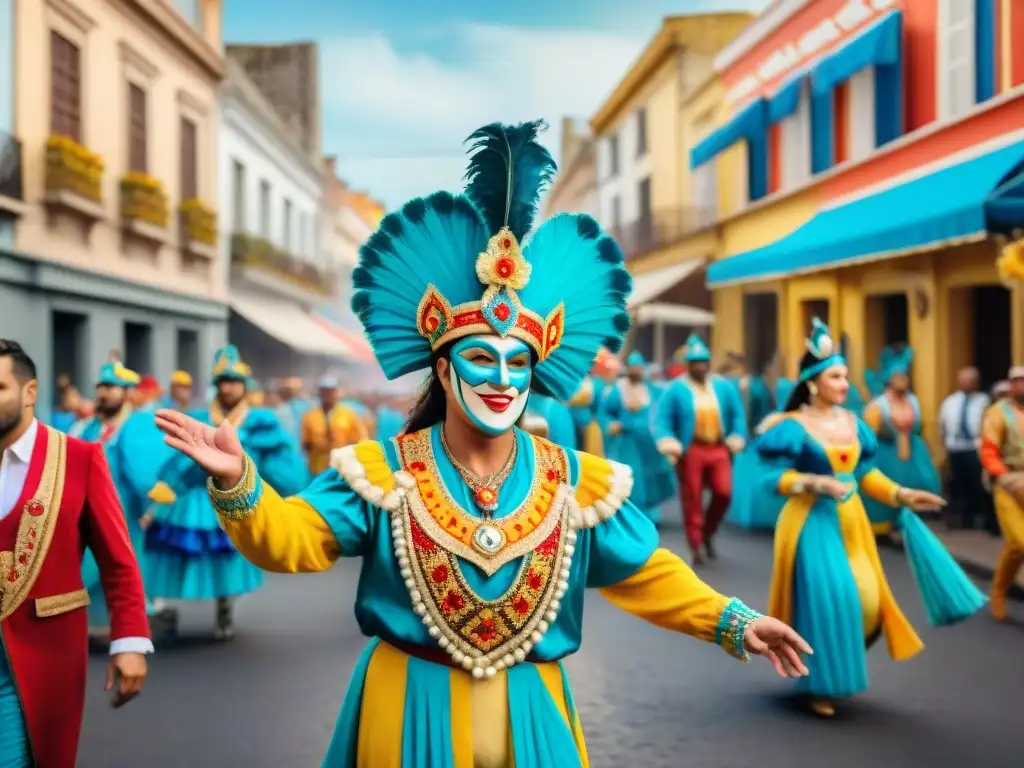 Pintura detallada de Carnaval Uruguayo: artistas en vibrantes trajes bailando en calle urbana llena de energía y color