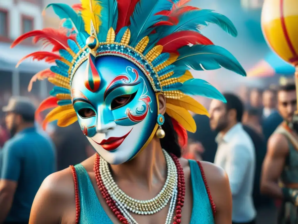 Una pintura acuarela detallada del Carnaval Uruguayo, con simbolismos en máscaras y colores vibrantes